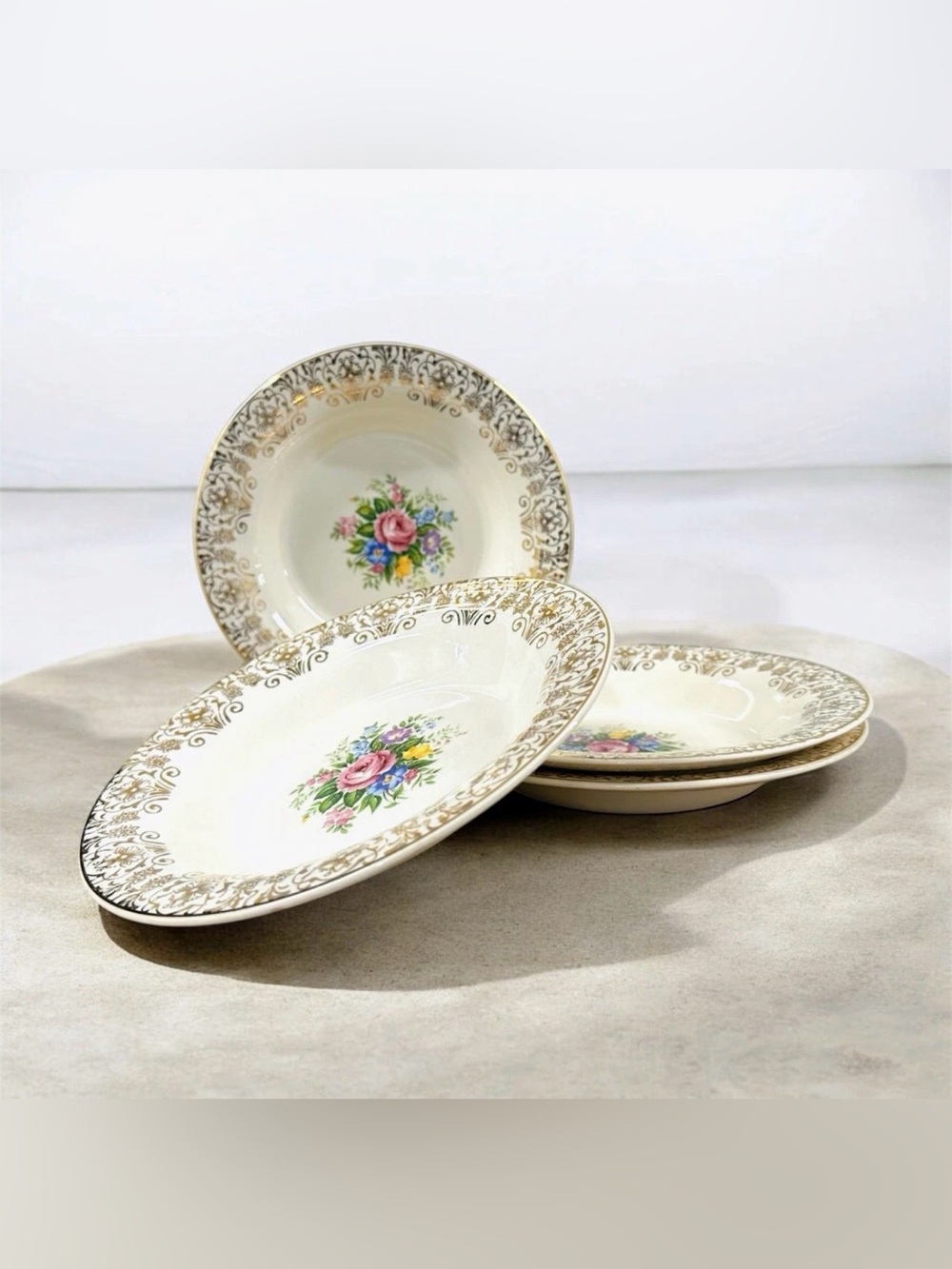 Triumph Limoges Rosalie Rim Soup Bowls TS350-1 22K Gold USA 8¼” Set Of 4.
